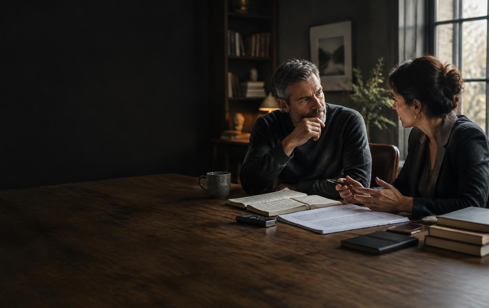 An author discussing book ideas with a professional writer